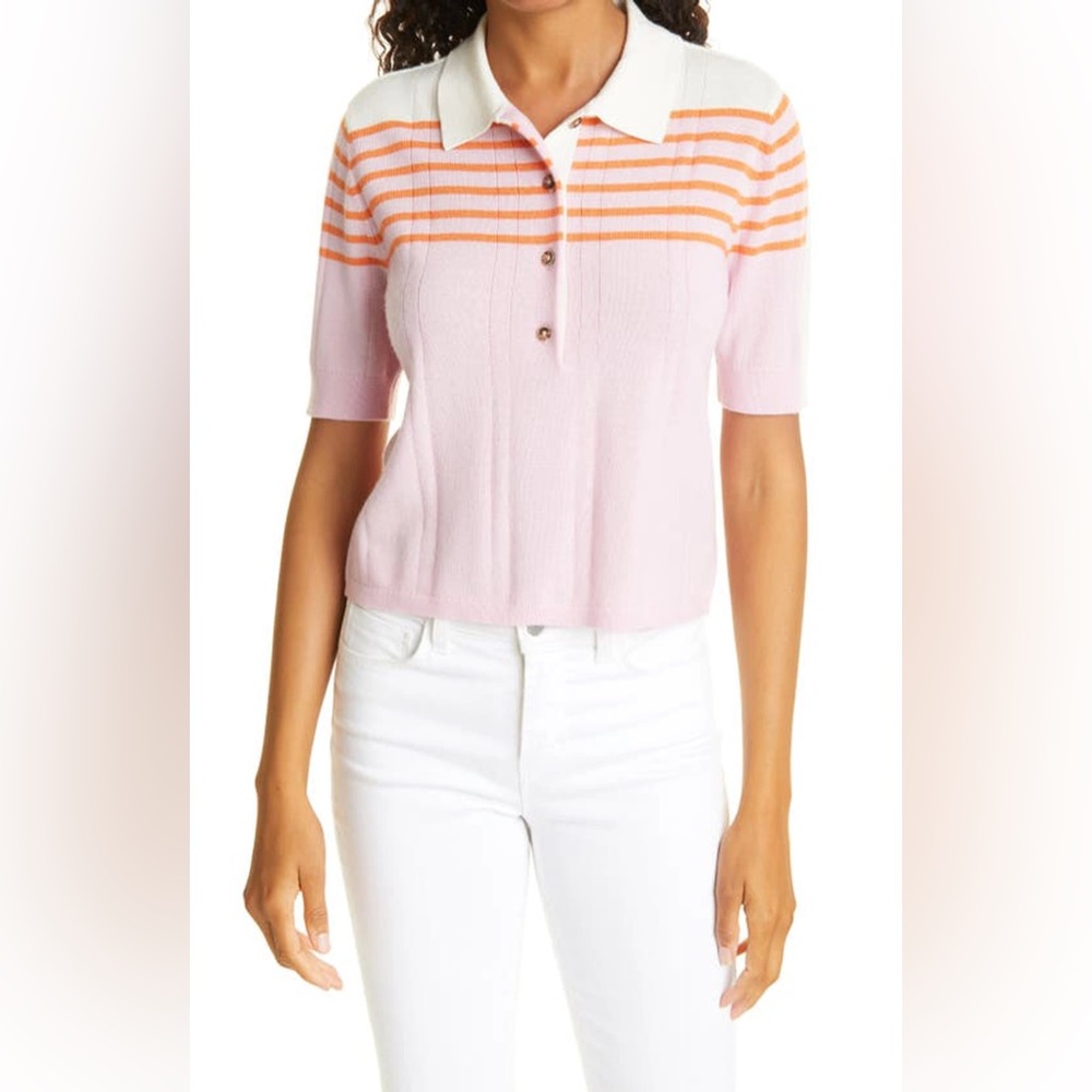 La Ligne Short Sleeve Merino Wool Polo Shirt, Pink/Orange - XL